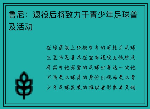 鲁尼：退役后将致力于青少年足球普及活动